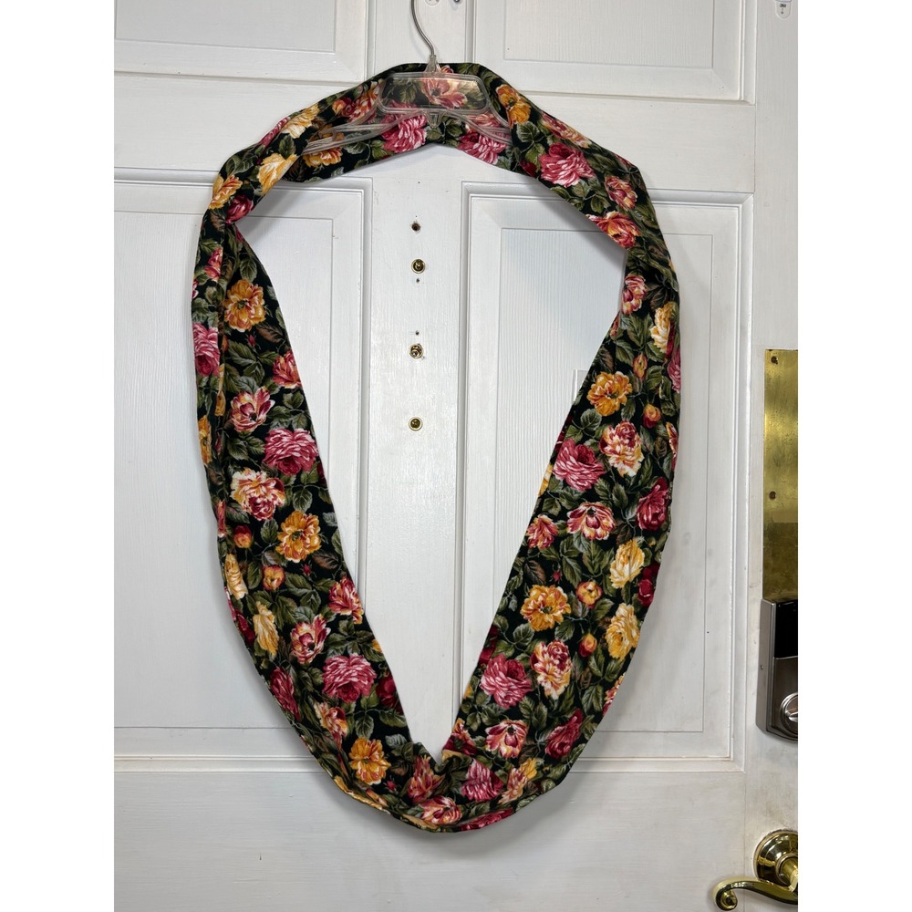 Vintage Tapestry Floral Infinity Scarf Black Velvet Chenille Winter Loop Warm